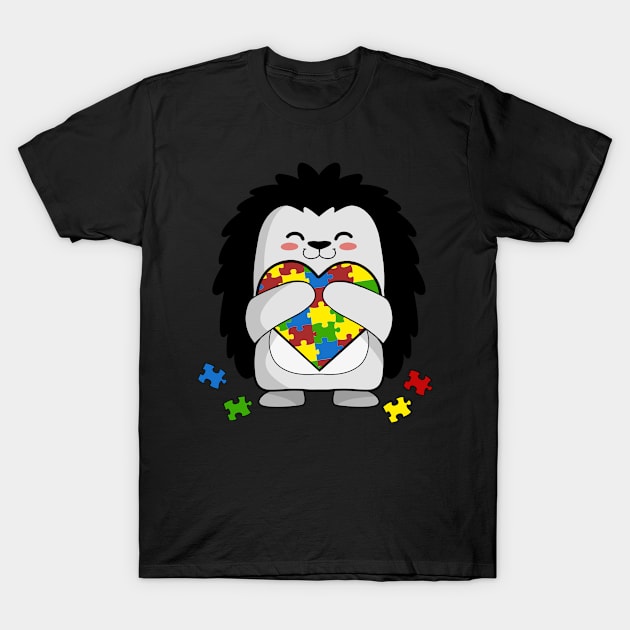 Hedgehog Autism Awareness Shirt with colored puzzle pieces heart T-Shirt by TheBeardComic